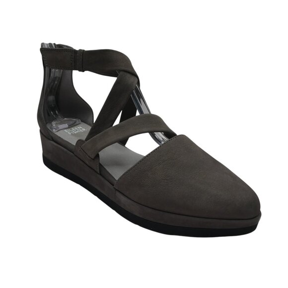 Eileen Fisher Shoes - Eileen Fisher Gray Nubuck Leather Strappy X-Band Wedge Sandals Womens 8
